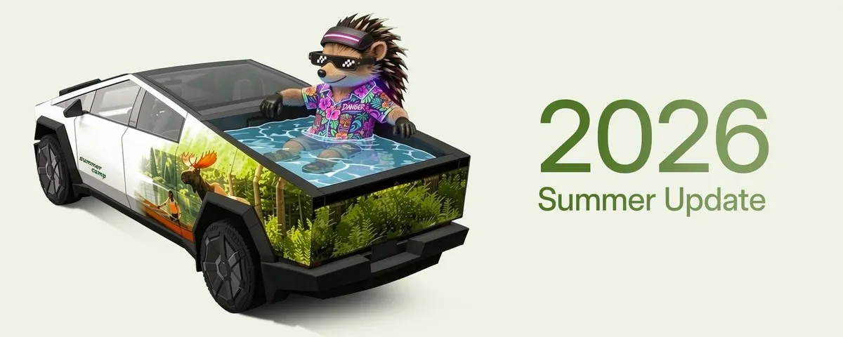 Banner oficial de la Tesla 2026 Summer Update con una Cybertruck decorada