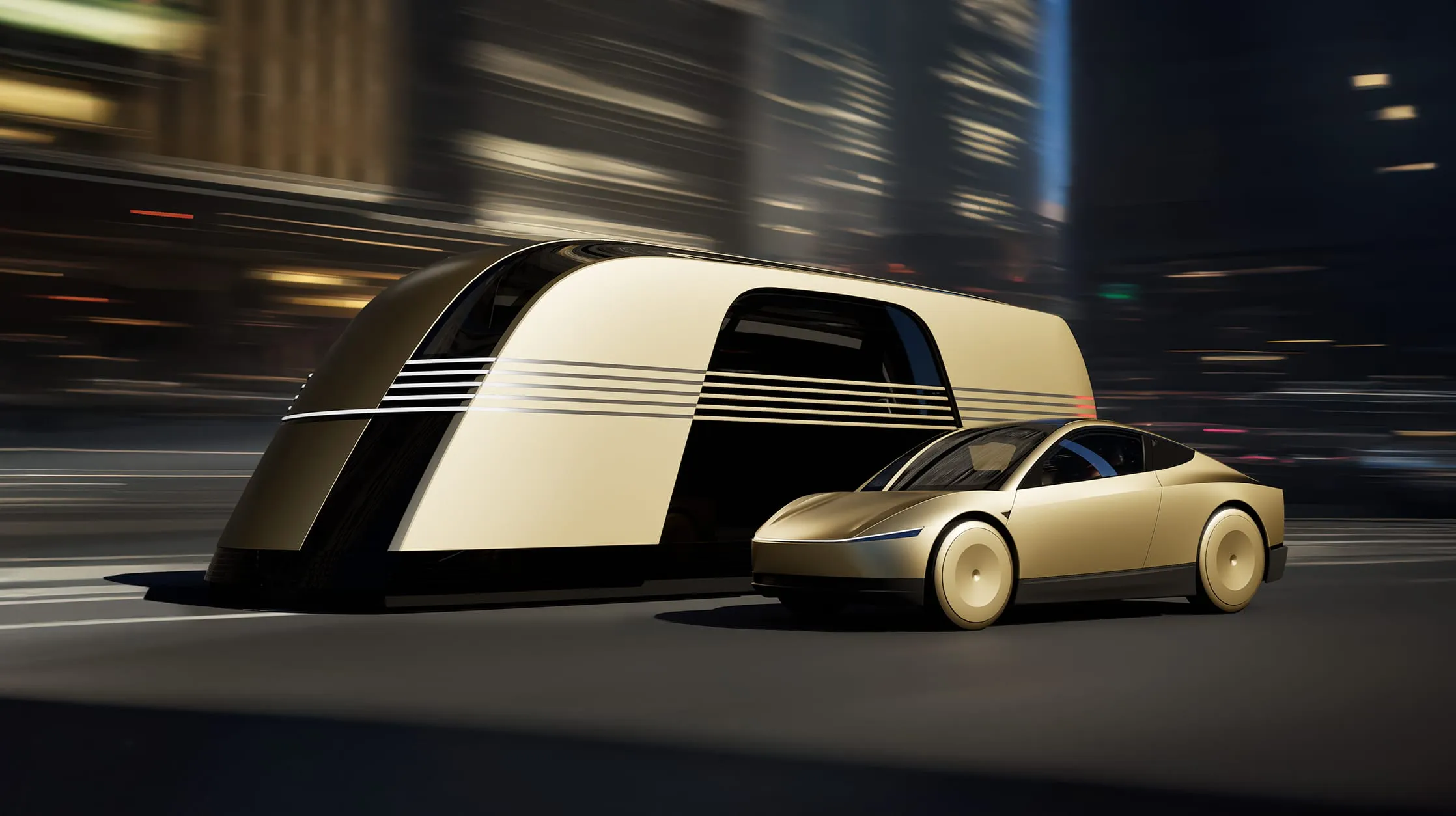 Concepto futurista de un Robovan y un auto autónomo circulando de noche